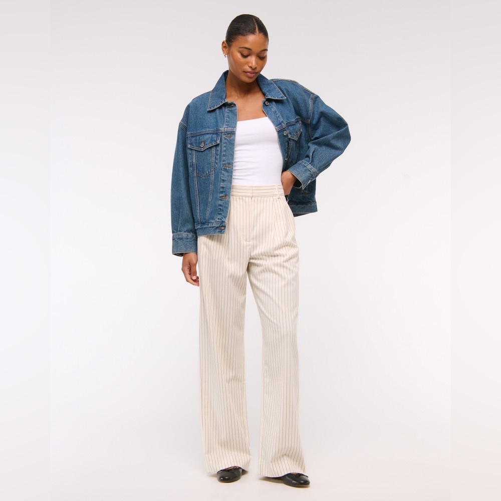Abercrombie Sloane Tailored Wide Leg Curve Love Trousers Cream Stripe Size 32/14